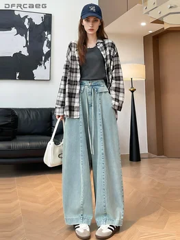 XL-5XL Vintage Summer Women's Plus Size Jeans High Waist Streetwear Loose Straight Wide-Leg Pants Lady