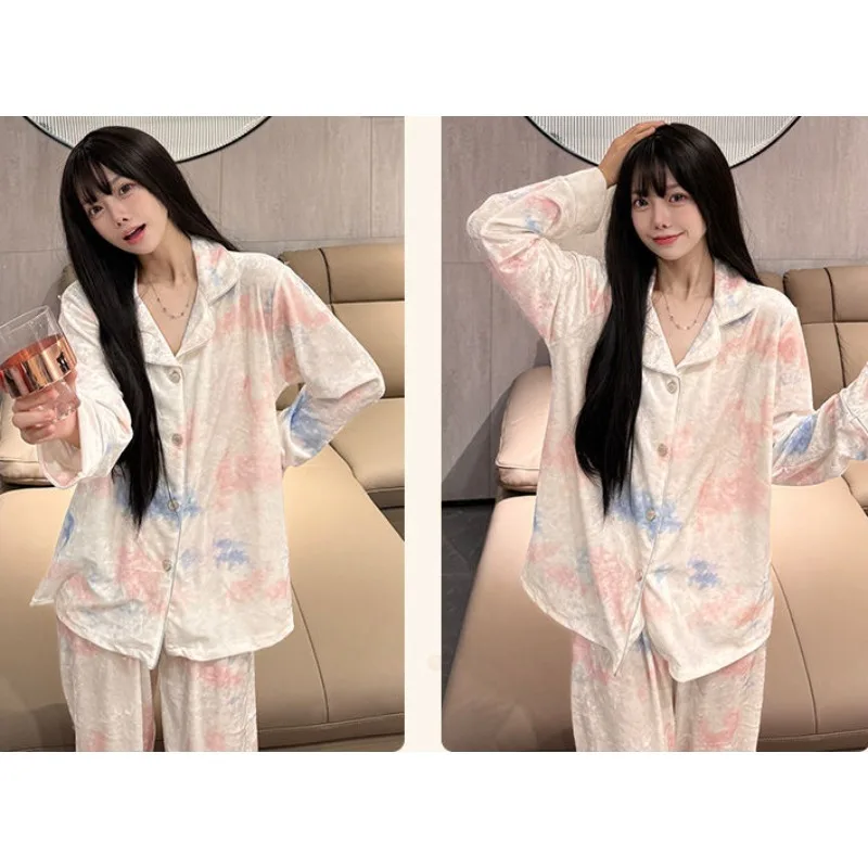 2024 New Golden Velvet Pajamas Women's Spring Autumn Sleepwear Long Sleeved Loose Homewear Set V-neck Sweet Loungewear Suit