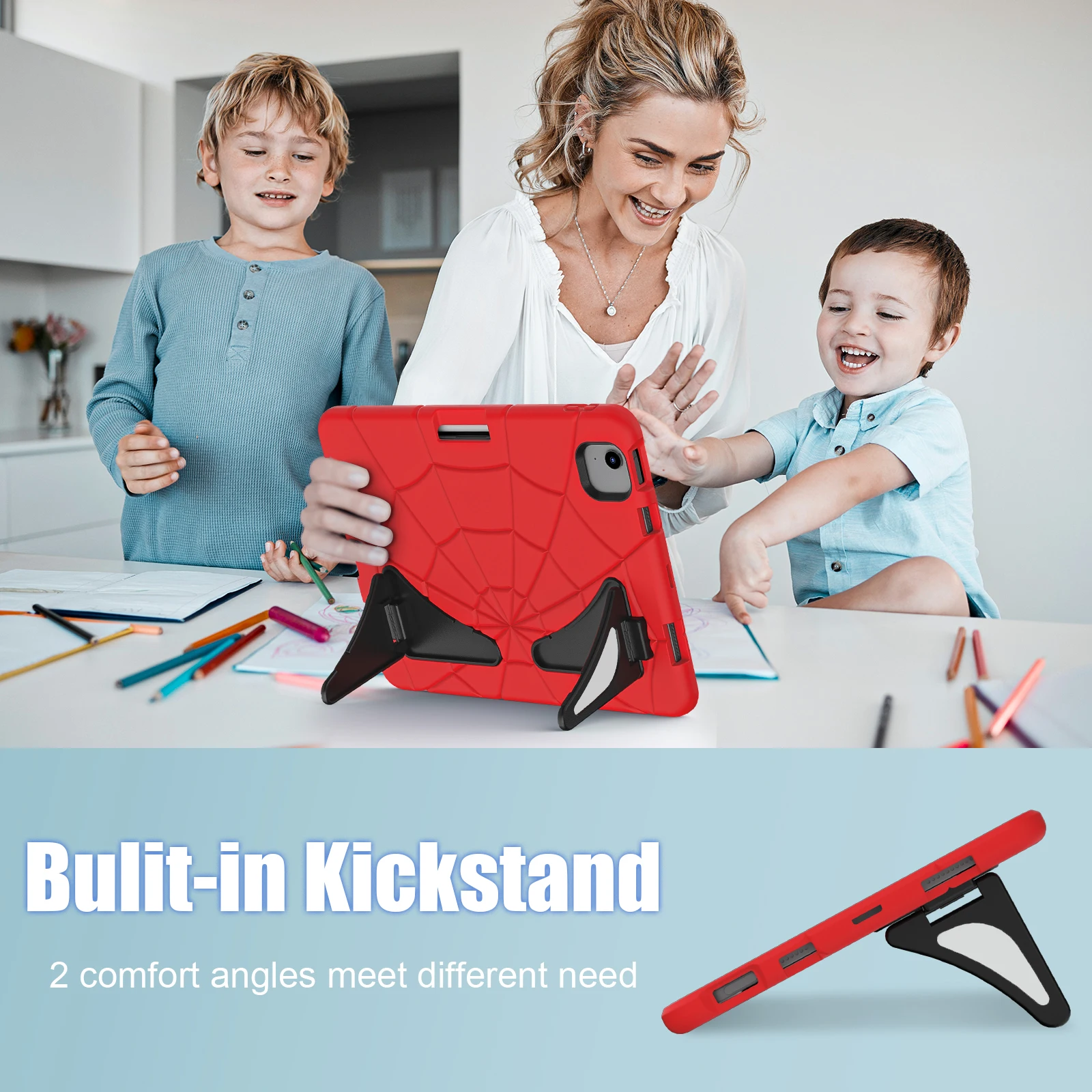 Children's Spider Shockproof Tablet Case with Kickstand and Pen Slot - Silicone + PC Protective Cover