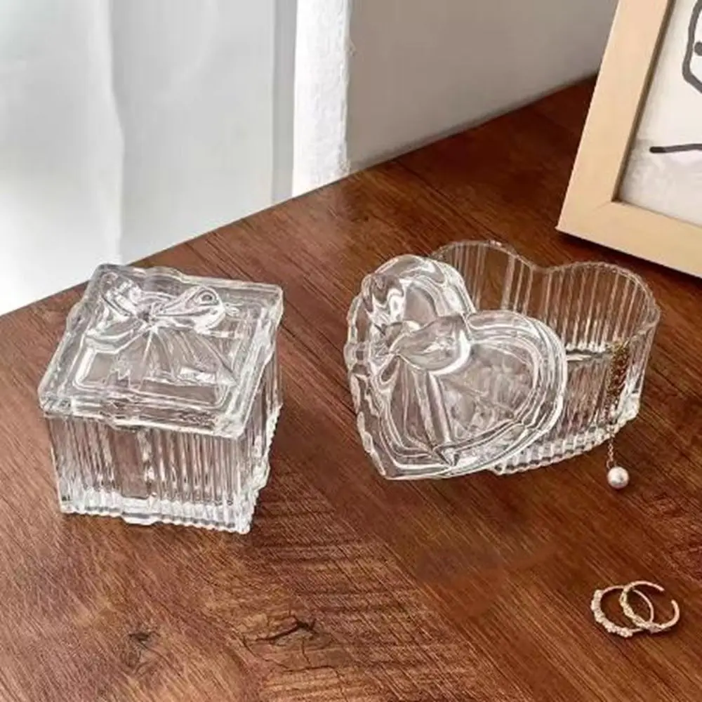 3Pcs Transparent Crystal Glass Jewelry Storage Box Exquisite Decorative Ring Earrings Gift Boxes with Lid Heart-Shaped