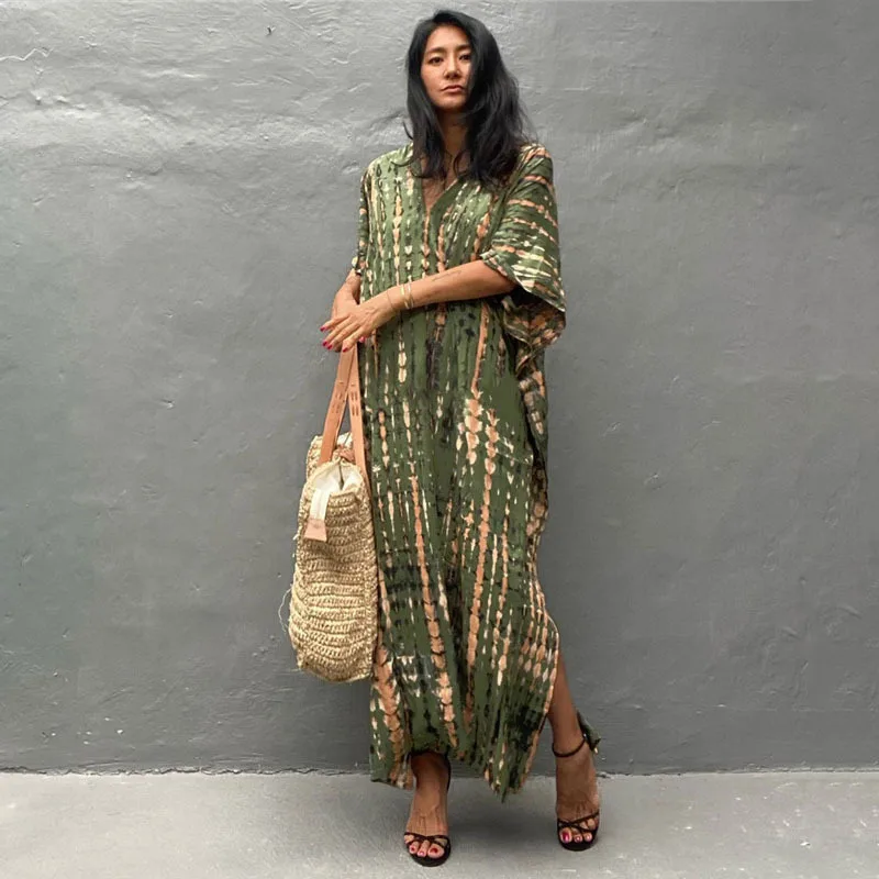 Fashion Casual Striped Print Long Dresses Women Bohemian V-neck Bat Sleeve Loose Slit Beach Dress Summer New Beachwear Vestidos 73 Fashion Casual Striped Print Long Dresses Women Bohemian V-neck Bat Sleeve Loose Slit Beach Dress Summer New Beachwear Vestidos