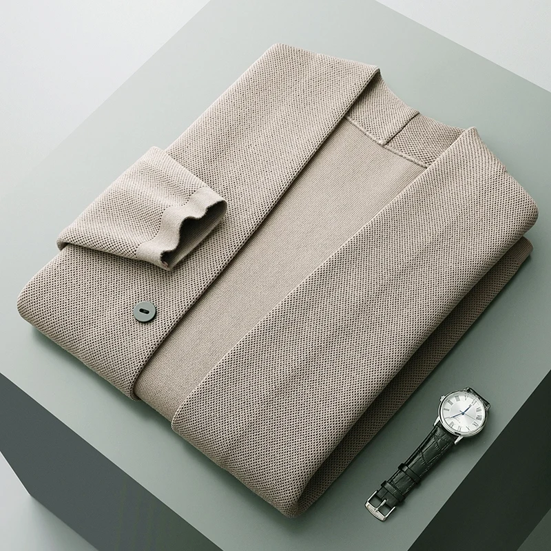 Autumn and winter new men's high-end V-neck solid color long-sleeved cardigan 100% pure wool leisure business coat