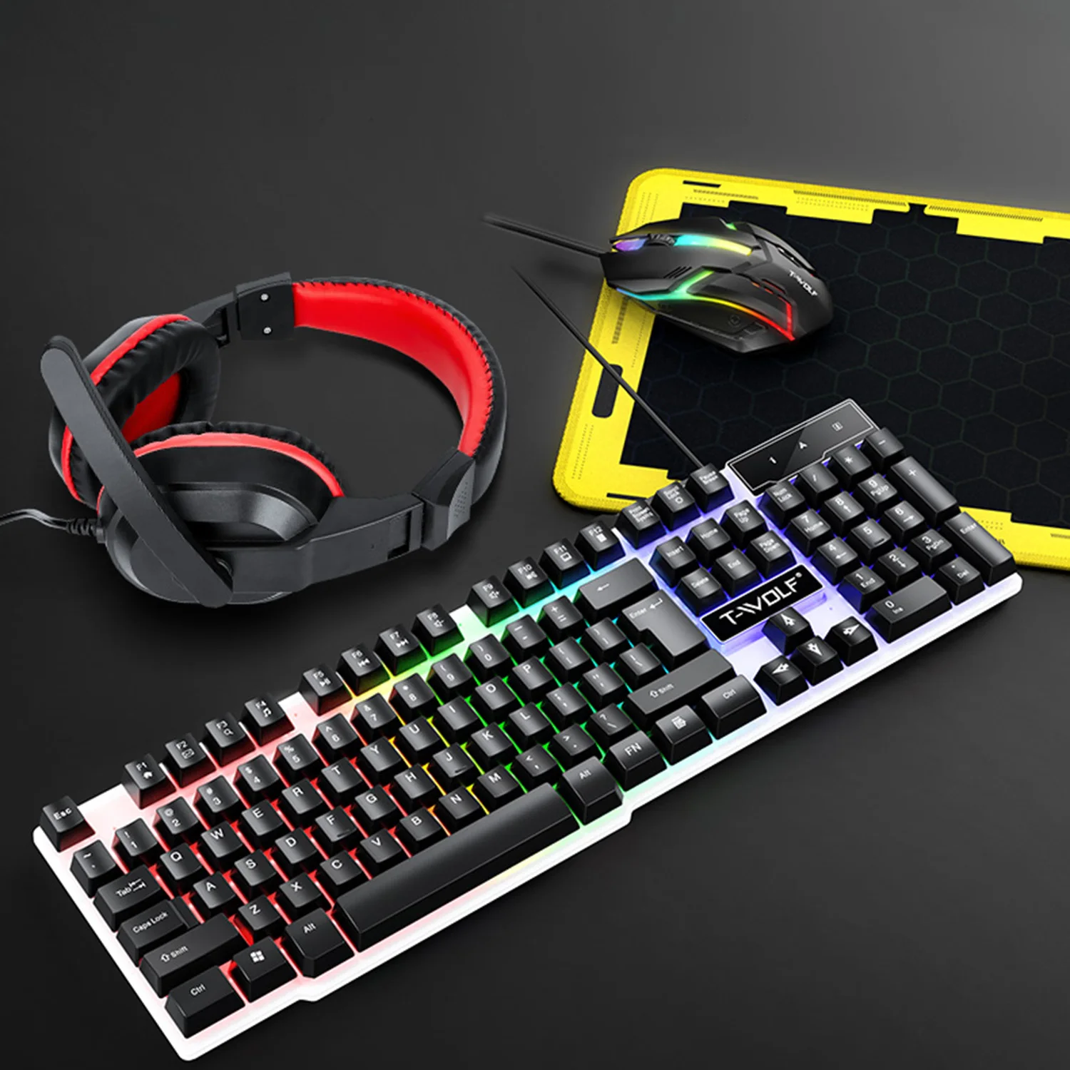 NEW USB And Headset Combos 4 In 1 English Gaming Wired Keyboard Set With Mouse Pad And Headphones_voghion.com