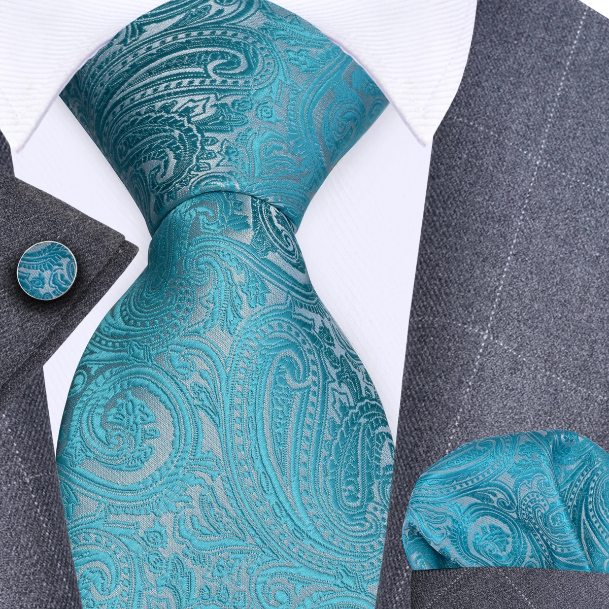 GUSLESON 8cm Blue Black Pink Men Ties Pocket Square Cufflinks Set Paisley Silk Necktie Wedding Business Gift Tie Accessories