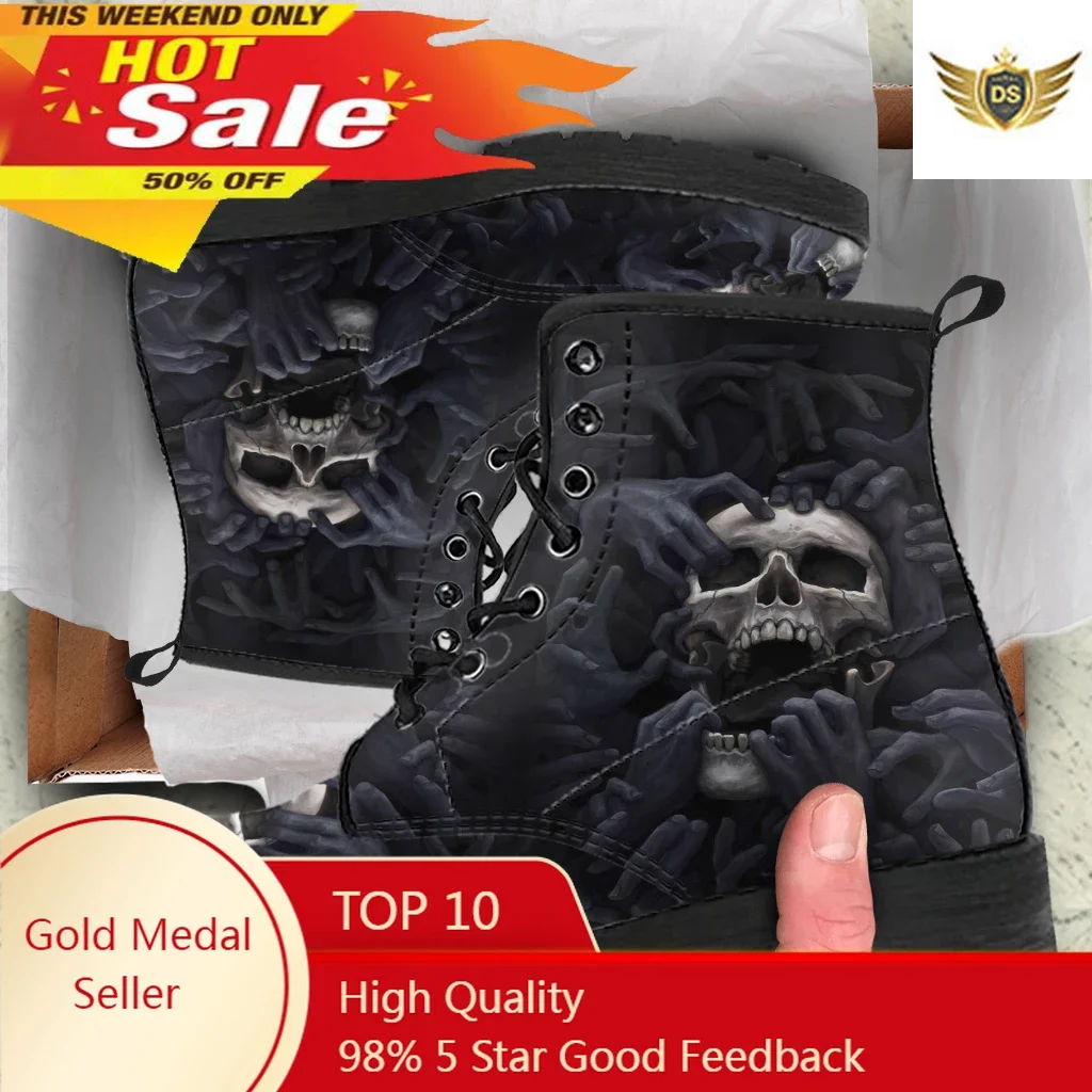 Skull Pattern PU Leather Outdoor Lady Boots Casual Women Low Heels Autumn Winter Female Ankle Boots Footwear Dropshipping