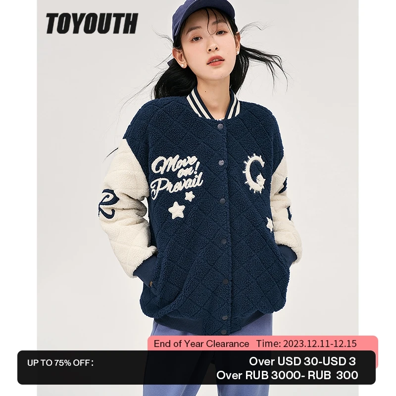 

Toyouth Women Baseball Jackets Uniform 2022 Winter Long Sleeve Thick Plush Coat Graphic Print Preppy Style Warm Casual Tops