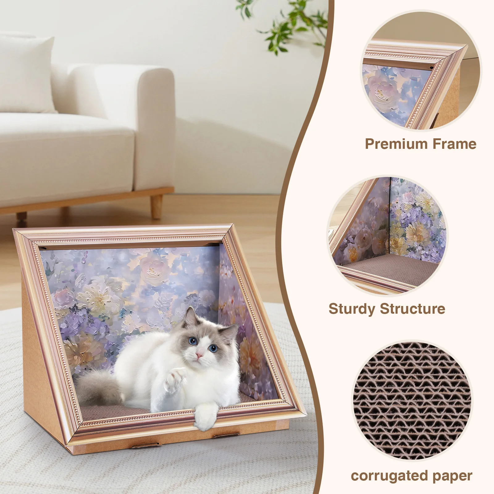 3D Oil Painting Cat Claw Board Wear Resist Triangular Cat Bed Breathable Cat Scratcher Board for Living Room Bedroom Decor