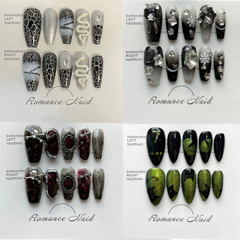 

Dark Style Retro Trend Press On Nails Cool Hand-Painted Stick On Nails Exquisite Glitter 3D Rhinestone Fake Nail Party Wedding