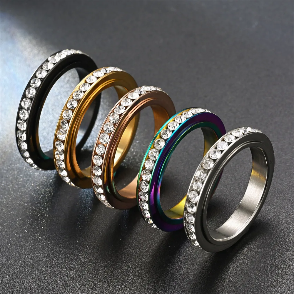 Stainless Steel Spinner Finger Rings For Women 4MM Crystal Rotatable Wedding Ring Men Fashion Anniversary Party Jewelry
