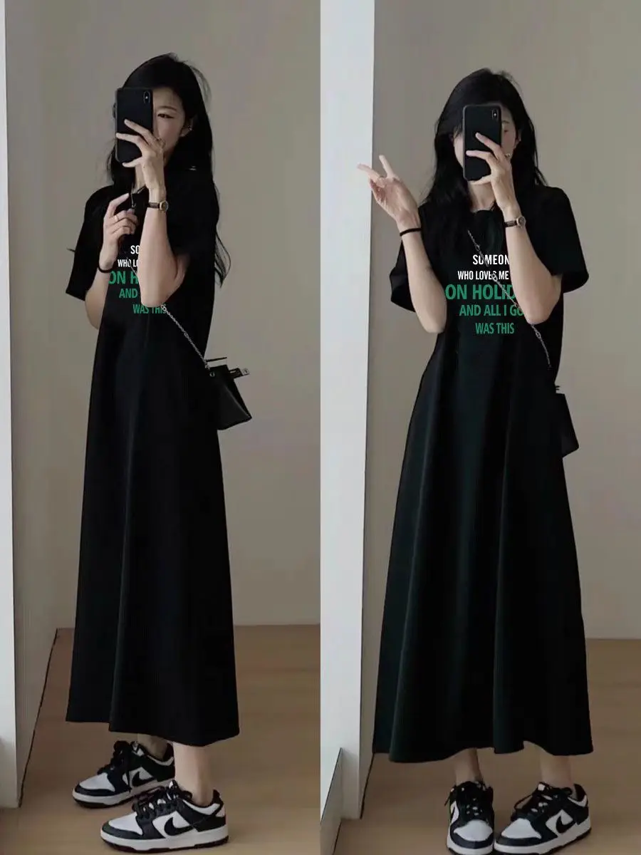 

Short Sleeved Dress for Women's Summer 2024 New Casual Long Dress Loose Summer Shoulder Straight Leg Long Knee Length Lazy Skirt