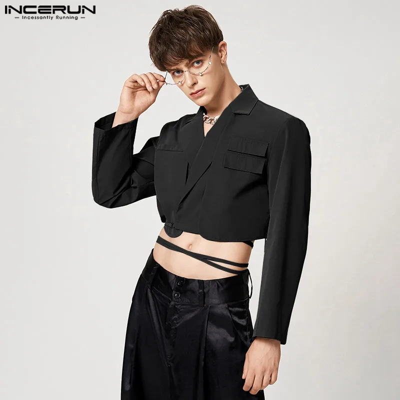

Party Nightclub Style Tops INCERUN New Men's Staggered Design Short Blazers Casual Fashion Male Solid Color All-match Suit S-5XL