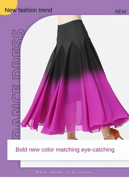 Women's Ballroom Dance Skirt - Gradient Color, Long Swing Skirt For Performances & Practice