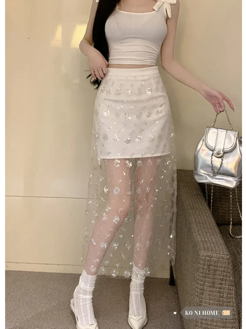 

Korean Fashion Niche New Mesh Sequin Design Sense Dress, Spring High Waisted and Buttocks Wrapped Long Dresses Female Clothing