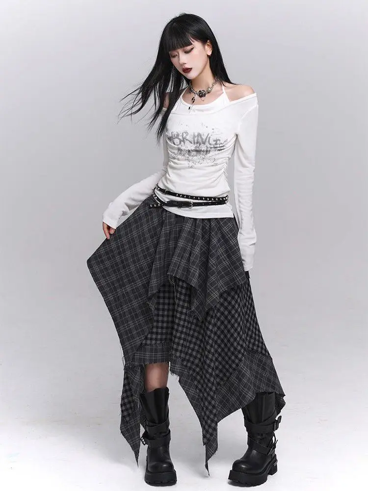 Y2k Harajuku Vintage Skirts High Waist Plaid Patchwork Irregular Spicy Girl Long Skirt Streetwear Design 2025 Women's Clothing 4