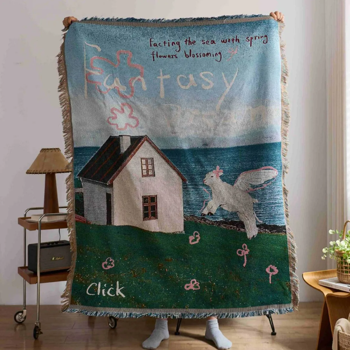Textile City Fantasy Sea House Throw Blanket Whimsical Coastal Cottage Tapestry Fringed Boho Seaside Decor for Sofa & Bed