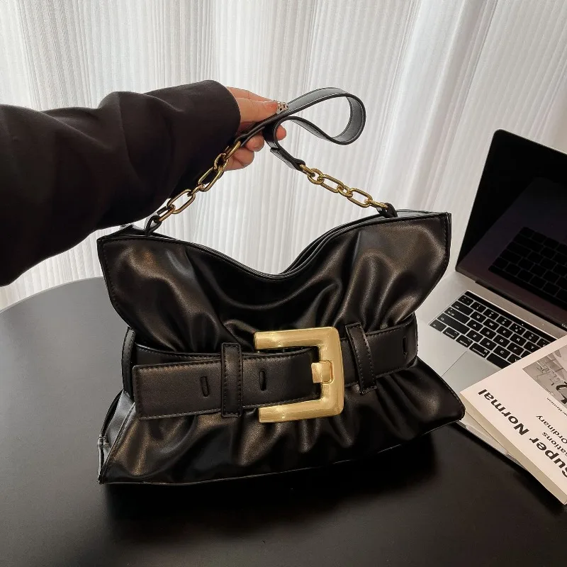 2025 New Niche Design Pleated Metal Belt Buckle Shoulder Bag for Women 2k Cool Girls High Quality Commuter Underarm Bag Female