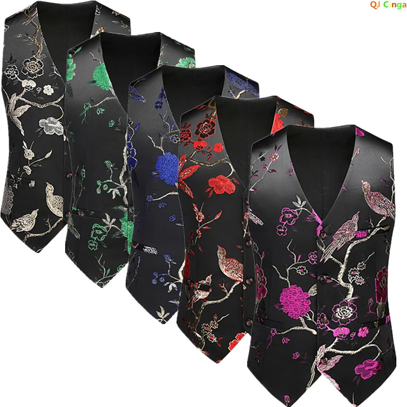 Large Size 6XL Men Luxury Jacquard Wedding Suit Vest Black Blue White Business Banquet Party Casual Flower Dress Waistcoat Homme dress vests
