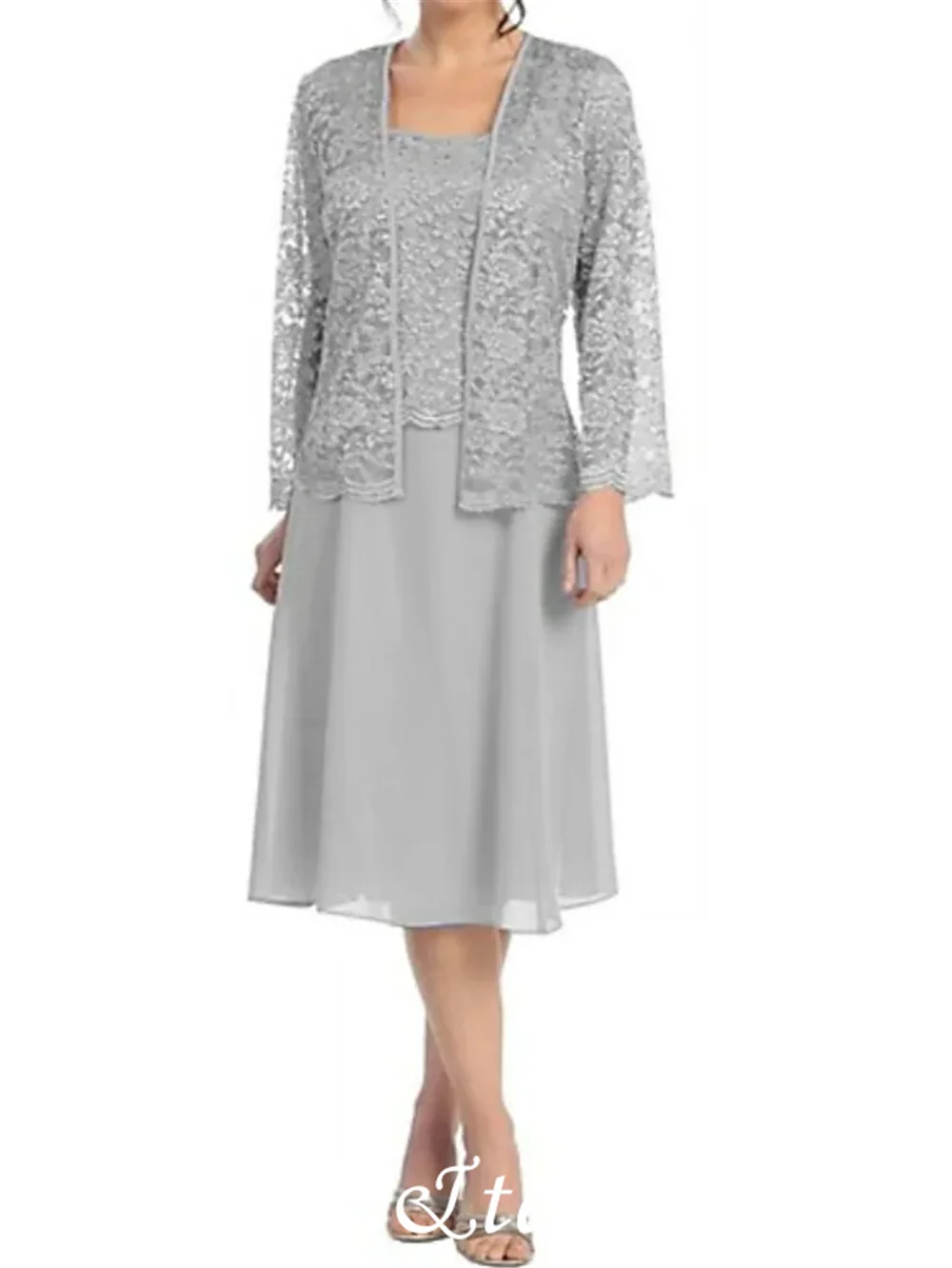 

Платье ТРАПЕЦИЕВИДНОЕ для матери невесты, элегантное шифоновое кружевное платье с длинным рукавом и квадратным вырезом, длина до середины икры