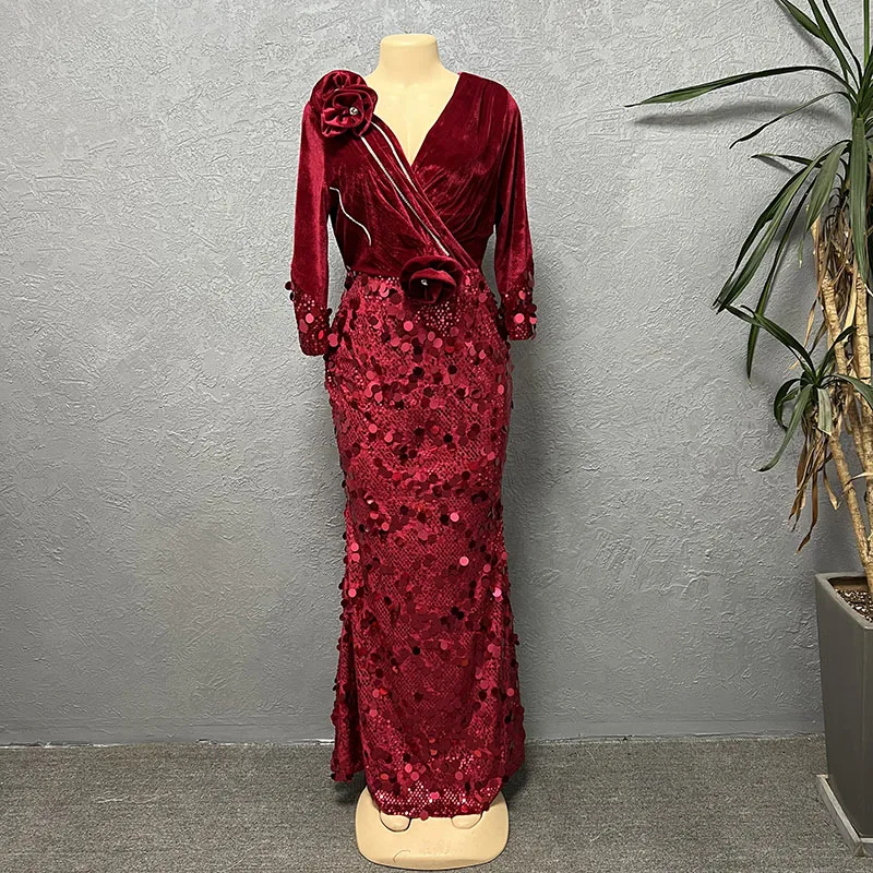 Velvet African Long Luxury Evening Dresses For Women Fashion Autumn Winter  V Neck Sexy Bodycon Sequins Party Dress Vestidos - AliExpress