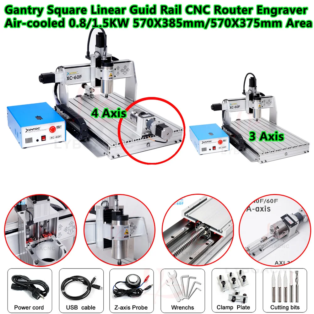 

New Air-cooled 0.8/1.5KW Spindle CNC Router Engraving Milling Machine XC-60F Gantry Square Rail 3/4 Axis Aluminum Work Engraver