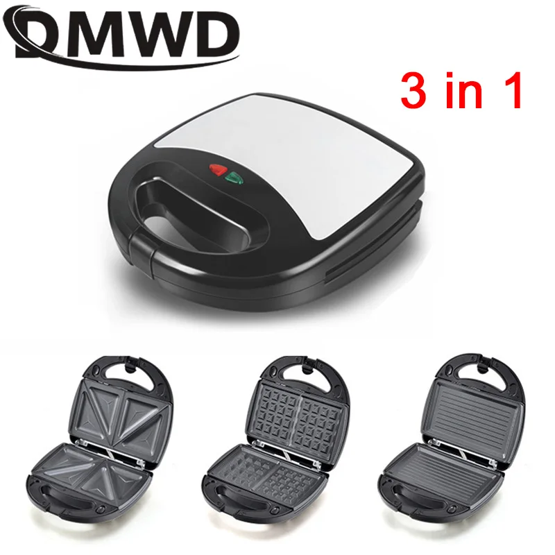 DMWD 3 in 1 Electric MINI Egg Waffle Sandwich Maker Grilling Plates Breakfast Baking Machine Panini Toaster Bread Frying Pan EU 2