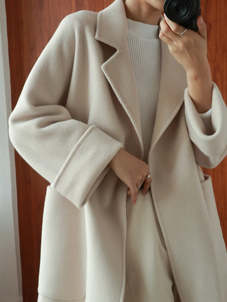 

2023 New Women Solid 100% Wool Coat Double-sided Coat Fashion Loose Water Ripple Woolen Long Jacket Lapel Lace-up Coats Female W