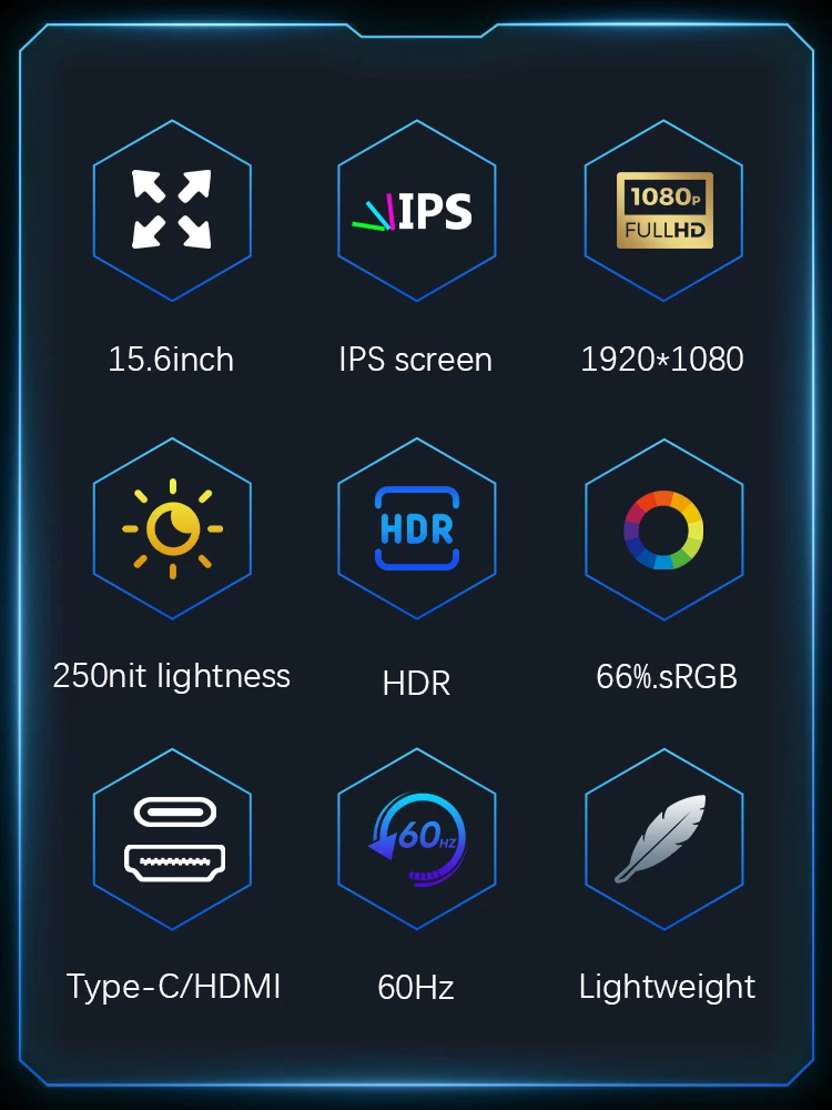 휴대용 HDMI C타입 여행용 모니터, Xbox Switch Ps4 PS5 노트북 휴대폰 컴퓨터용, 15.6 인치, 60Hz FHD IPS 1920*1080
