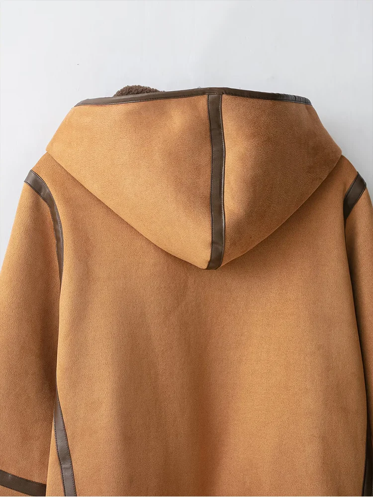 2025 Winter Women Faux Fur Suede Coat Casual Hooded Long Sleeve Horn Button Jacket Top Ladies Loose Thick Warm Outerwear