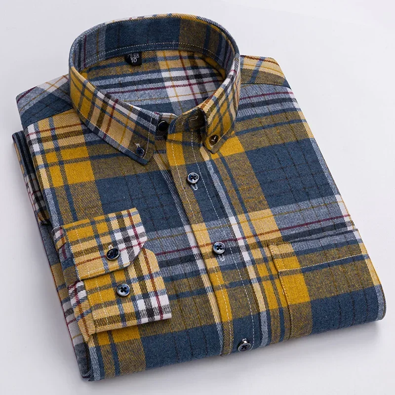 

Men's Plaid Washed Brushed Long Sleeve Shirts Single Pocket Comfortable 100% Cotton Casual Fashion Slim Fit Button Down Shirts