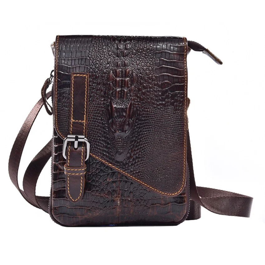 Retro Men's Cowhide Shoulder Bag Crocodile Pattern Crossbody Bag Multifunctional Bum Bag Business Bag