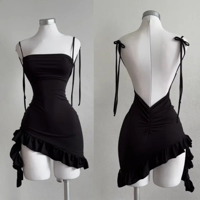 Spring and Summer New Spice Girl Y2k Sexy Women's U-Shape Suspender Slim Fit Dress Black Fashion Lace-up Short Hip Ruffled Skirt