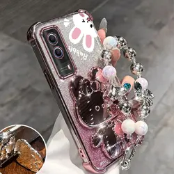 Glitter Mirror Rabbit Phone Holder Case with Airbag Protection and Stand Cover for Vivo Y20i (Rose gold)