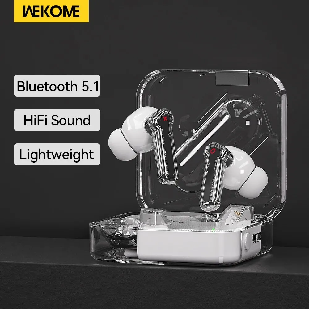WEKOME V51 TWS 무선 블루투스 5.1 이어폰, 투명 스타일, 저지연 13mm 드라이버, 하이파이 음악 이어버드 헤드폰