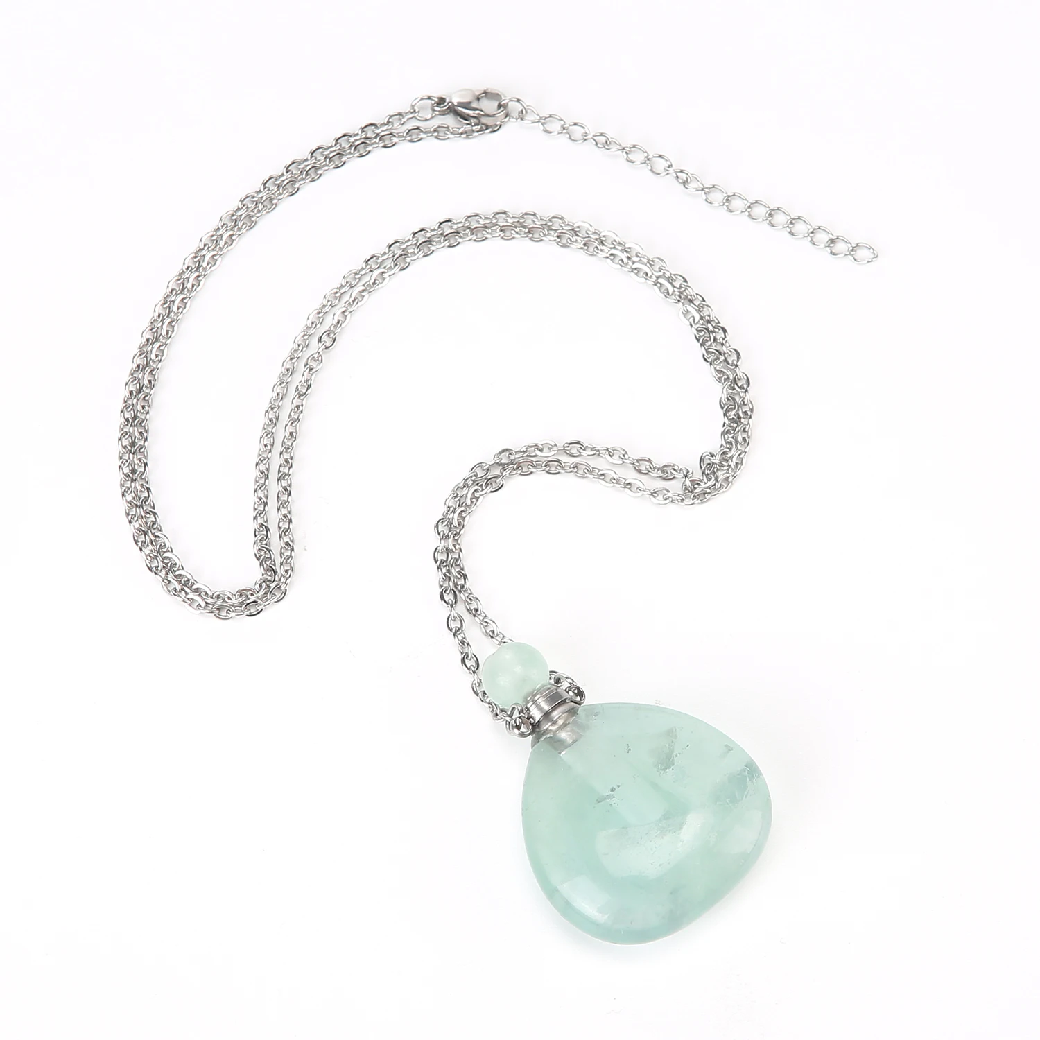 VGDS Natural Crystal Green Fluorite Water Drop Inverted Heart Perfume Bottle Necklace Pendant Stainless Steel Accessories Opened