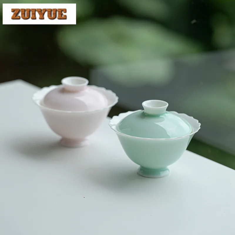 85ml Solid Color Glazed Covered Bowl Boutique Ceramic Flower Mouth Gaiwan Ancient Tea Tureen Tea Brewing Chinese Tableware Gift