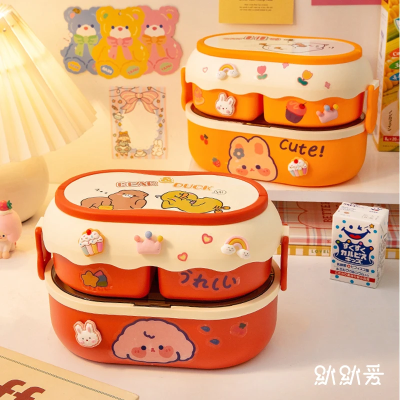 Bear Double-layer Plastic Lunch Box Large Capacity Student Portable Lunch  Box Microwave Oven Adult Lunch Box