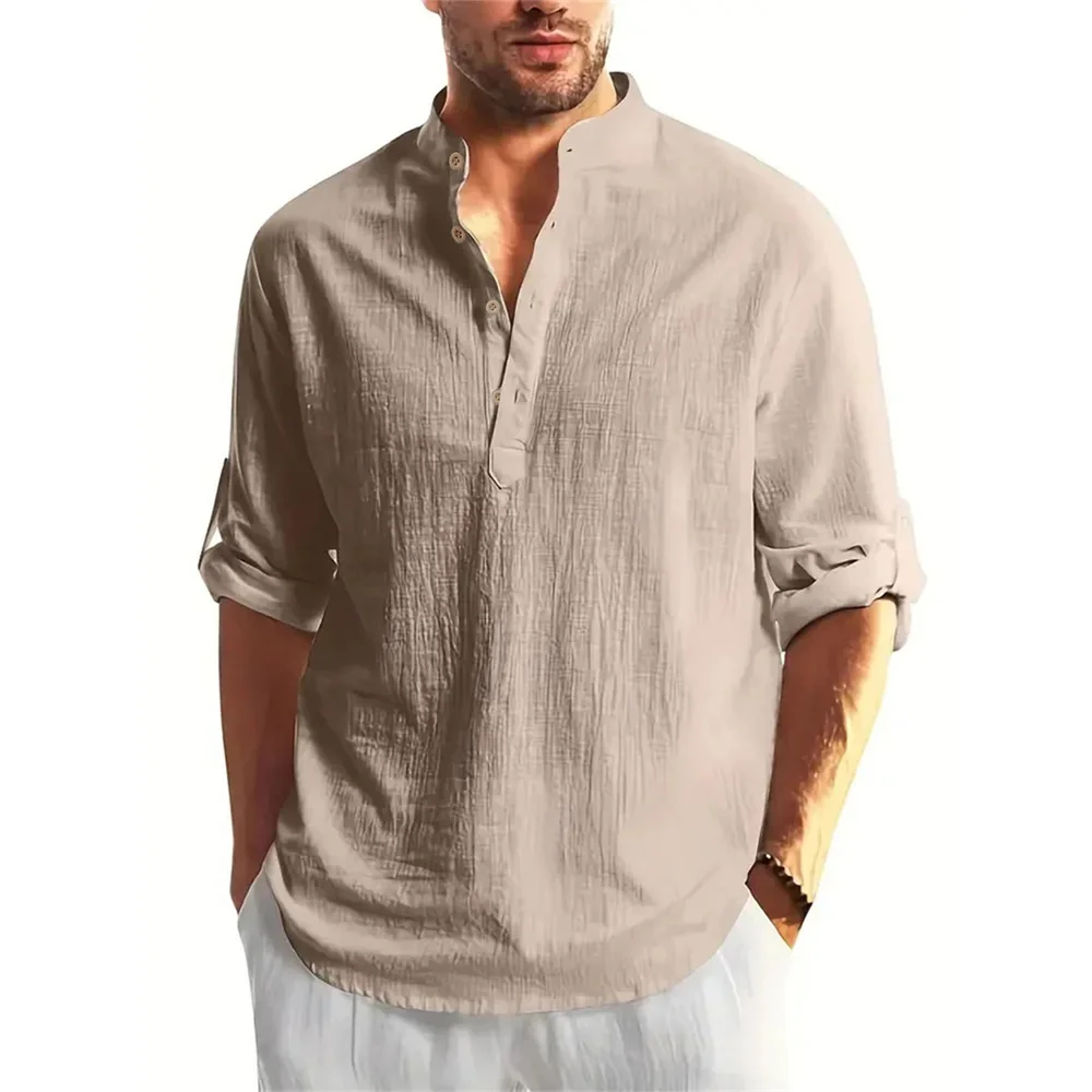 خريف جديد الرجال القطن الكتان كم طويل تي شيرت بلون...