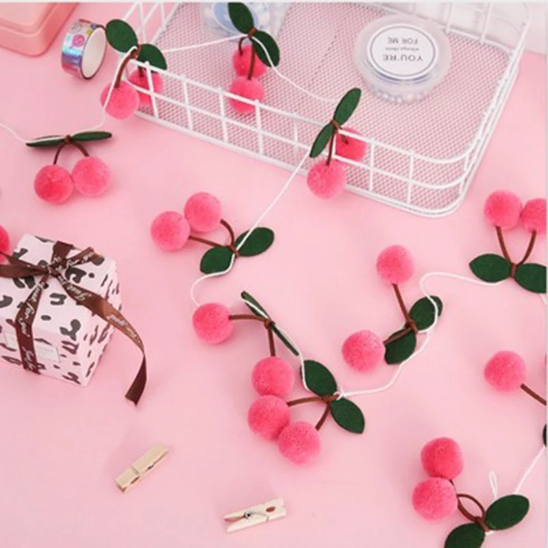 Cherry Felt Ball Handmade Garland String Wall Hanging Ornaments Hair Ball Pendant Kids Room Decoration Baby Shower Party Favor wool felt decoration