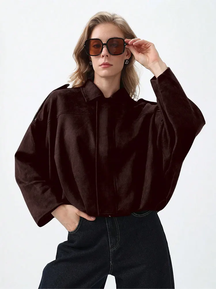 HH Women Vintage Coffee Brown Suede Coat Loose Casual Long Sleeve Zipper Jacket Autumn Fashion Lady High Street Outerwear