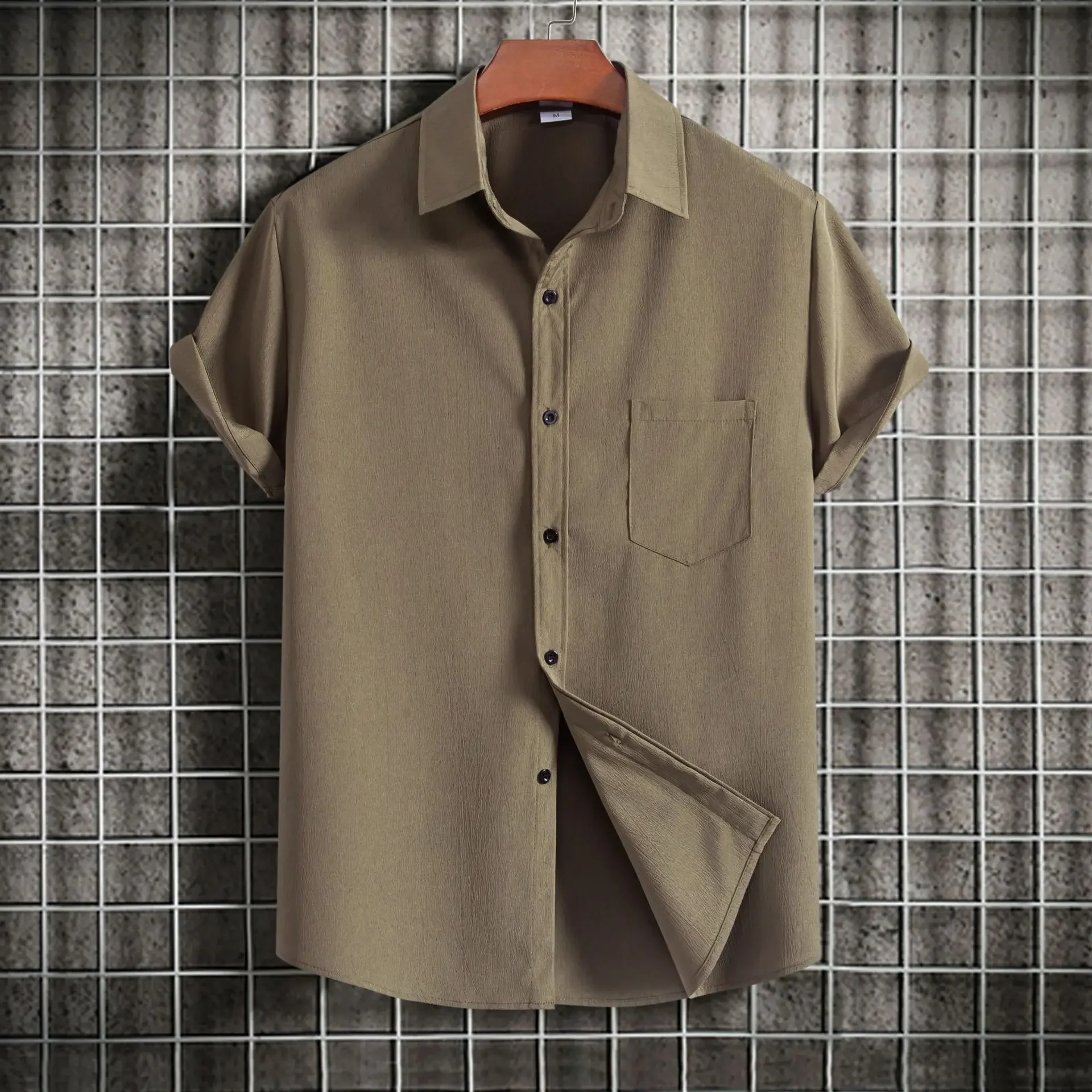 2024 summer new Europe and the United States men's solid color shirt printed casual lapel short-sleeve shirt