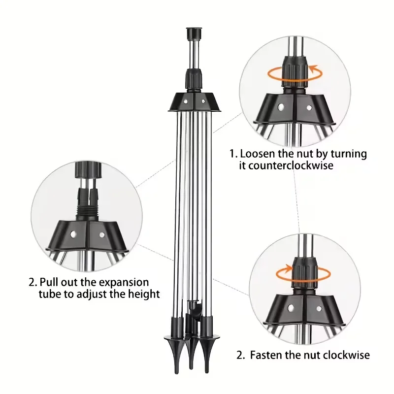 Reguleeritava kõrgusega musta värvi vihmuti metallist varrega. Pildil on näha detailne juhis, kuidas mutrit keerates kõrgust reguleerida.