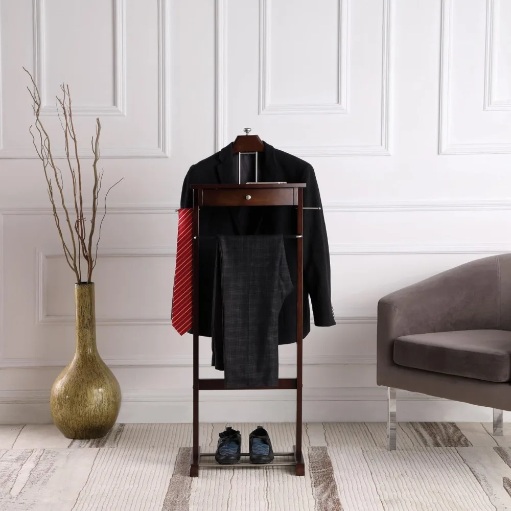 kingston iii valet stand with drawer, contour hanger, trouser bar, tie & belt hooks and shoe rack - vl16260