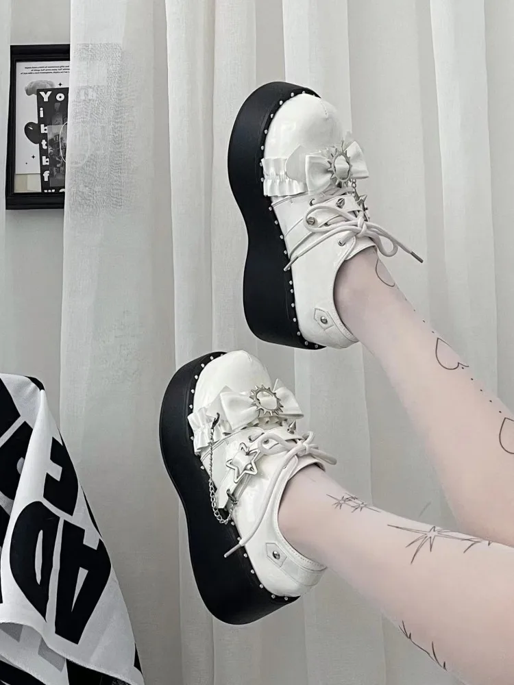 Original Lolita Punk Y2K White Lo Shoes Hot Girl 2024 New Spring Platform Leather Shoes Round Toe Pumps Women Thick Bottom
