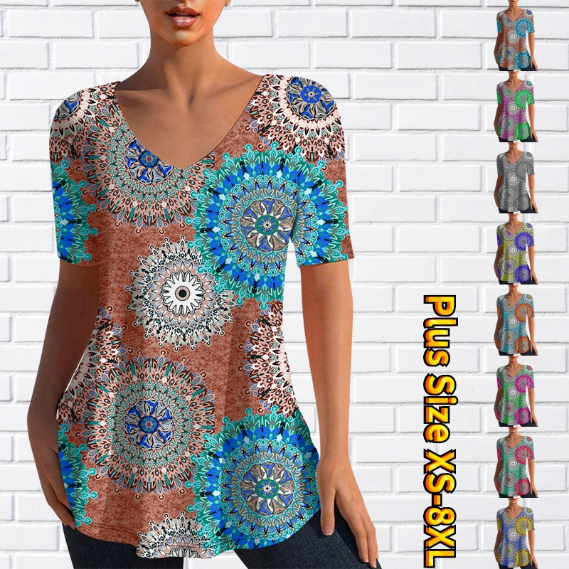 

2023 New Summer Long T-shirt Women's 3D Printing T-Shirt V-Neck Casual Top Fashion Short Sleeve New Design Printing Pullover