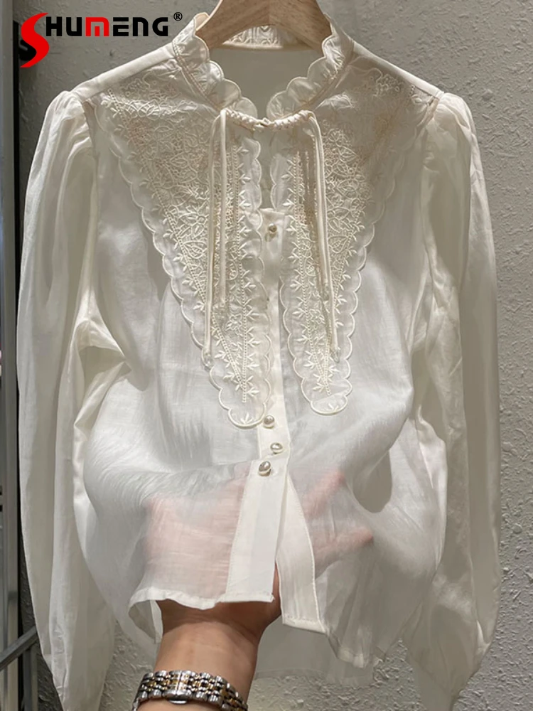 Machine Embroidery Puff Sleeve Cotton Top Women's 2023 Spring Autumn Palace Style Peaked Lapel and Long Sleeve White Shirt Women