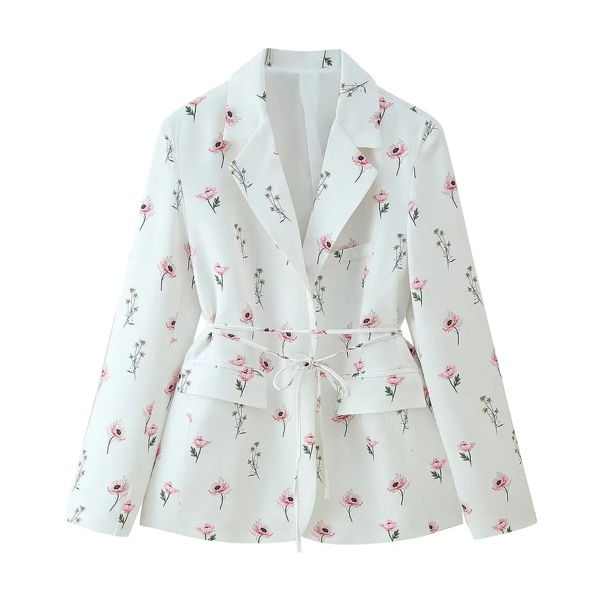 Floral Print Beige Blazer with Lace-Up Bow Belt and Front Pockets — photo 3