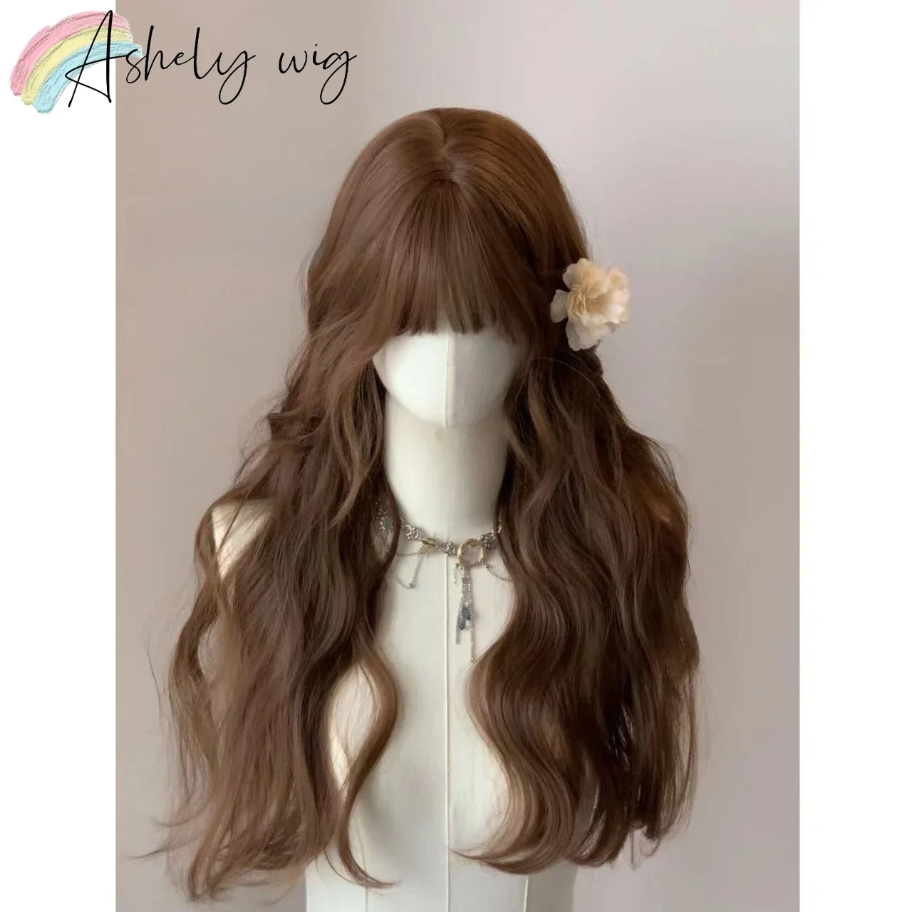 Brown Wig with Bangs Long Curly Wavy Natural Hair for Women 24inch Heat-resistant Fiber Synthetic Wigs Cute Lolita Wig Peruca