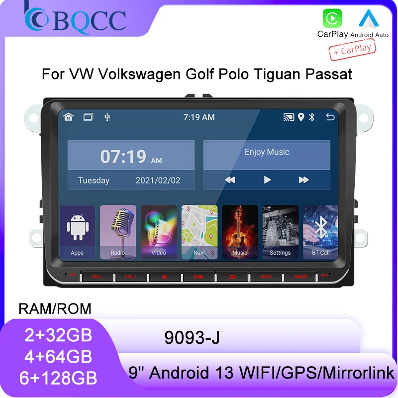 Car Multimedia Player 9" BQCC 9093 For VW Volkswagen Golf Polo Tiguan Passat Mirrorlink WIFI GPS BT Wireless Carplay Quad/Octa Core IPS RDS