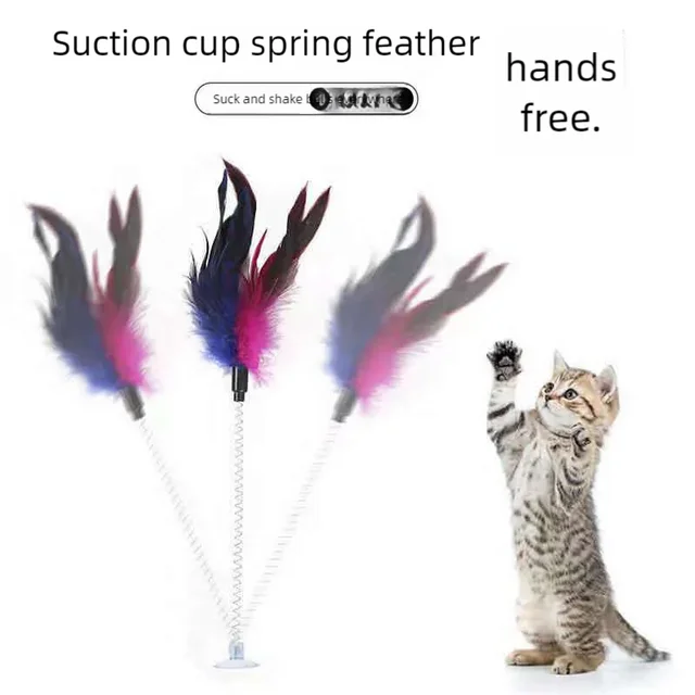 Swinging Spring Feather Cat Teaser with Suction Cup, Interactive Cat Toy with Sounding Bell, Teaser Wand Toys Swinging Spring Feather Cat Teaser with Suction Cup, Interactive Cat Toy with Sounding Bell, Teaser Wand Toys