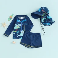 Toddler Baby Boys Summer Swimsuit Set Fish Print Long Sleeve Tops Elastic Waist Swim Trunks Hat Kids 3Pcs Bathing Suit 2